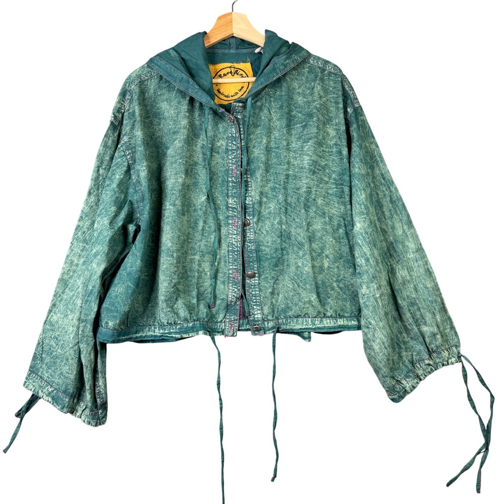 A Rare Bird Handmade Acid Wash Hooded Jacket Teal Cotton One Size Boho Oversized
